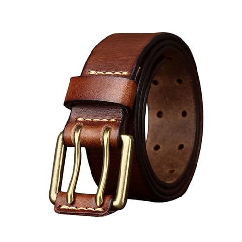 NALANY Herren Gürtel Aus Vollnarbigem Echtem Rindsleder Mit Doppelter Zinkenschnalle,Doppel Prong 38mm Breit Ledergürtel Casual Doppel ösen Gürtel Für Jeans(125cm/49, Brown)