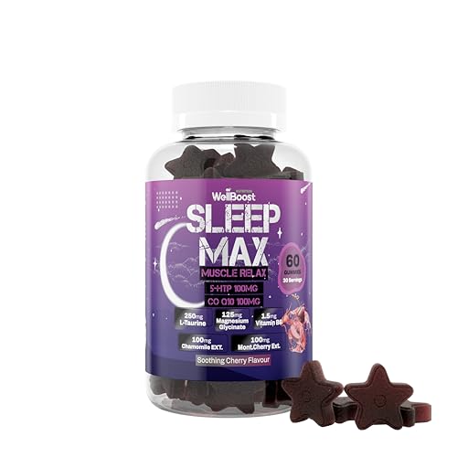 WellBoost Sleep Max Gummies – 5-HTP, CoQ10, L-Taurine, Magnesium, Chamomile, Montmorency Cherry & Vitamin B6 – Soothing Cherry Flavour – Vegan Sleep Supplement (1 Month Supply)