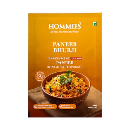 Image of Hommies Paneer Bhurji Curry Spice Mix (Pack of 4) | Paneer Bhurji Masala | Ready to Cook in 15 Mins | Just Add Paneer & Milk | Serves 4 | Made with Cashew Nuts | No Preservatives | 200 g (4 x 50 g)