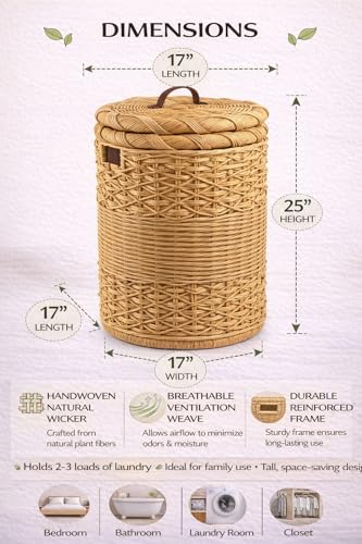 Image of wicker Round Laundry Basket with Lid| laundry basket with lid | storage basket Laundry Hampers(17 inchL x x 25 inchH) (Beige) (Beige)