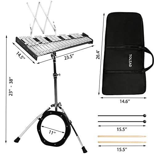 Image of TOLEAD 32 Notes Glockenspiel Kit Xylophone Bell Percussion Instruments with Adjustable Height Stand, Practice Pad Mallets & Wooden Drumsticks, Portable Carrying Bag