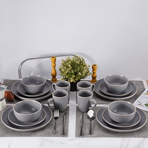 Stoneware Dinnerware Set 16 Piece Round Dishes Set For 4, Kitchen Plates And Bowls Set With Mugs,Microwave Safe,Gray #TOP5