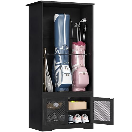 YITAHOME Wooden Golf Bag Organizer for Garage, Rolling Storage Stand for Golf Bags, Clubs, Balls, and Accessories, Holds 2 or 3 Golf Bags, Ideal for Golf Equipment Organization Black Cabinet