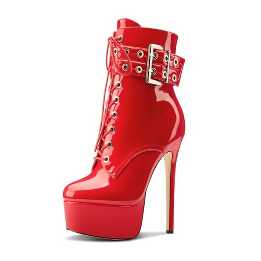 Aachcol Botas femininas stiletto salto alto plataforma cano curto bico redondo cadarço zíper fivela meia panturrilha botas sociais de couro envernizado, Vermelho, 38