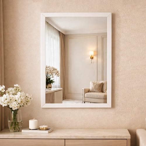Image of Rousrie Premium Framed Glass Wall Mount Mirror, Decorative, for Bathroom, Bedroom, Living Room and Entryway, Wash Basin (14 by 20 Inch) (White)