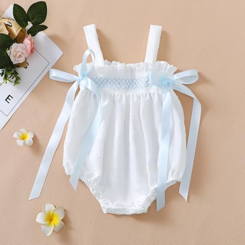 Honganda Newborn Baby Girl Summer Outfit Bow Ruffle Decor Smocked Bubble Romper Infant Baby Shower Gifts2