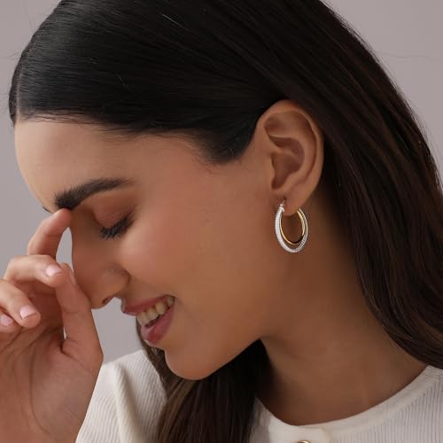 Image of TRUESILVER ACPL 925 Sterling Silver Hoop Earrings for Women | BIS Hallmarked Two-Tone & Three-Tone Intertwined Hoop Earrings | Oval & Round Lightweight Jewelry