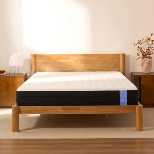 Image of FLEXISPOT Hako G2 Japanese Joinery Bed Frame King with 12 inch Mattress Set | 12 inch Cooling Gel Memory Foam Mattress, Solid Rubberwood, Solid Rubberwood King Bed with Storage Headboard, 10-Year Warranty
