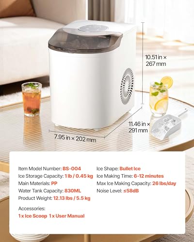 Image of VEVOR Countertop Ice Maker, 7 Cubes Ready in 6 Mins, 26 lbs per Day, Self-Cleaning Portable Machine with Ice Scoop, Ice-Making Machine with 2 Sizes Bullet ICES for Home, Kitchen, Office, Bar & Party