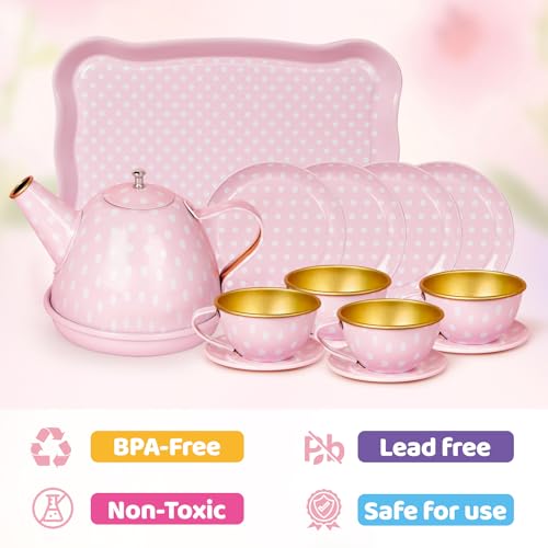 Image of Tea Party Set for Little Girls, Princess Tea Time Toys Including Tin Teapot Set Cups Carrying Case, Toddlers Pretend Role Play Kids Kitchen Toys Birthday Gifts Age 3 4 5 6
