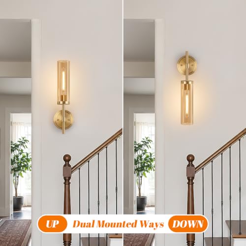 Image of MOKATNG Hardwired Wall Sconces Set of Two, Brushed Gold Bathroom Sconces with Amber Glass, Modern Wall Light Fixtures for Bathroom Mirror Vanity, Living Room, Hallway, Stairway, Cabinet, Foyer