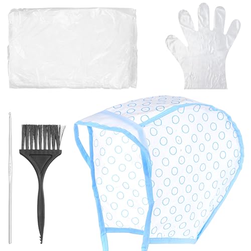 Hair Highlighting Cap, Blue Hair Highlighting Cap Kit Coloring Frosting Dye Kit with Iron Crochet Hook, Brush, Shawl and Gloves Highlight Caps for Salon DIY Dyeing Hairdressing