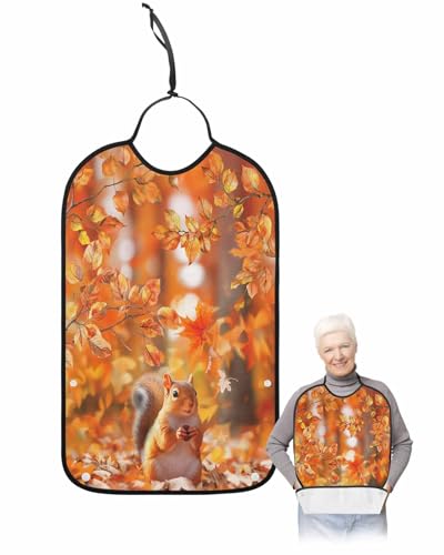 Fall Thanksgiving Squirrel Adult Bib for Adults Men, Women, Orange Autumn Maple Leaves Washable & Adjustable Terry Cloth Bib with Crumb Catcher Reusable Waterproof Clothing Clothes Protector Apron