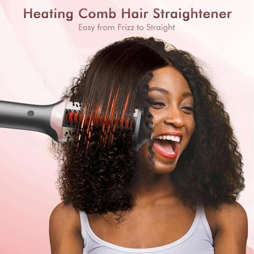 Image of 2-in-1 Blow Dryer Brush & Hair Straightener, Ionic & Ceramic Thermal Brush with Adjustable Heat & Cool Shot, 110000 RPM Motor High-Speed Motor for Frizz-Free, Smooth & Voluminous Hair, Gray with Comb