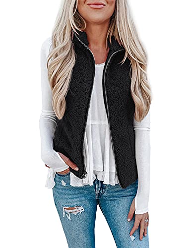 LOMON Sherpa Waistcoat Fleece Vest Zip up Outerwear with Pockets Sherpa Vests for Women Stand Collar Lightweight Gilet Vest Black XXL