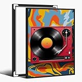 Retro Music Record Wall Art Red Vinyl Record Player Canvas Wall Art Vintage Simple Tape Recorder Poster Framed Ready to Hang Modern Music Radio Picture for Living Room Bedroom 12x18inch black framed