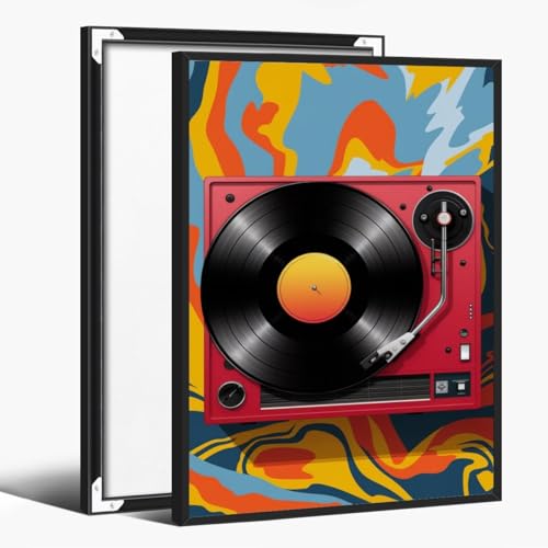 Retro Music Record Wall Art Red Vinyl Record Player Canvas Wall Art Vintage Simple Tape Recorder Poster Framed Ready to Hang Modern Music Radio Picture for Living Room Bedroom 12x18inch black framed