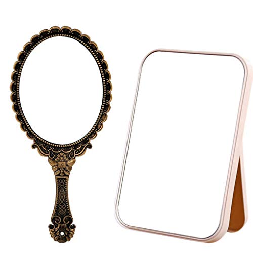 Dzrige Handheld Mirror Vintage Pattern Handle Makeup Mirror Hand Held Travel Mirror Personal Cosmetic Mirror With Powder Puff (Bronze) #TOP2