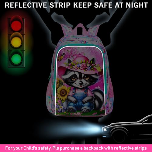 Image of AGSDON 3PCS Raccoon Backpacks for Girls, 16 inch Kids Reflective Elementary Backpack with Lunch Box, Water Resistant School Bags Set for Preschool Toddler
