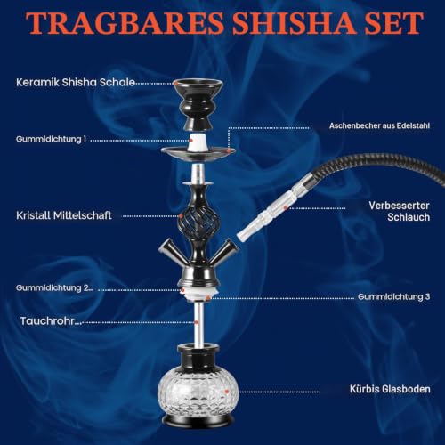 WINROOT Shisha Set mit 2 Schläuchen, Shisha Set 12\ mit Keramikschale, Premium Schlauch, Glasvase, 50 Shisha Blätter, 20 Shisha Spitzen