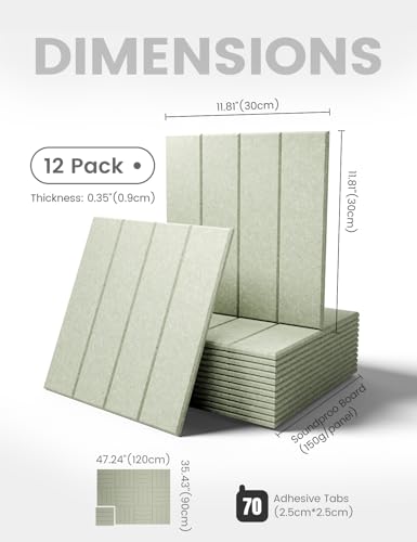 Fluxynara Felt Bulletin Board Tiles Large 48\" x 36\" Cork Board Alternative-12 Pack with 70 Adhesive Tabs, Thick Slat Wall Panels for Office Decor, Push Pin Board Wall Organizer Alternative-Sage Green