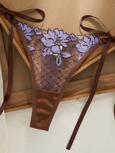 Image of Lilosy Sexy Tie Side Cute Underwire Push Up Strappy Embroidered Mesh Sheer Lingerie Set