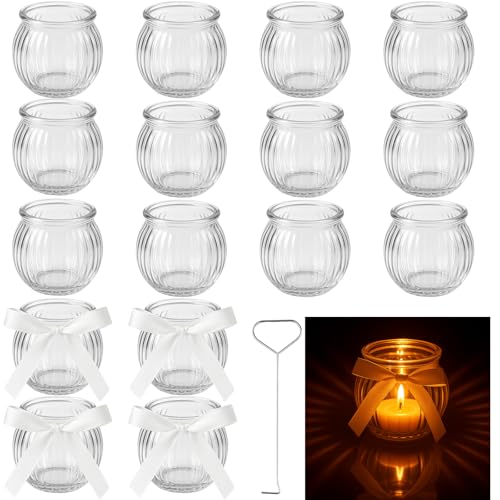 Ferenando 16 Stück Teelichthalter Glas Durchsichtig mit Schleife &...