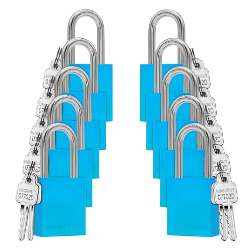 Image of TRADESAFE Lockout Tagout Locks Set - 10 Blue Aluminum Loto Locks, Lock Out Tag Out Padlocks Keyed Alike, 2 Keys Per Lockout Padlock, OSHA Compliant