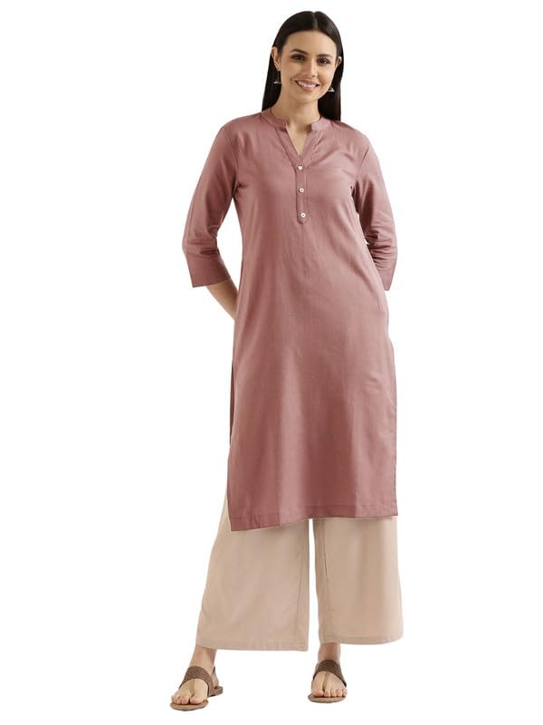 Image of SAADAA Women's Linen Blend Long Kurta with Viscose Palazzo Set | Straight Fit Kurta with Wide Leg Palazzo | Solid Ethnic Co-ord Set for Office & Casual Wear