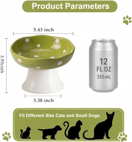 TRUNDISAN Mushroom Cat Bowl, Elevated Ceramic Cat Bowl, Avocado Green