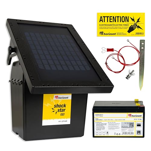 horizont Électrificateur de clôture électrique solaire 9V/12V – électrificateur solaire avec panneau 10W et batterie 12Ah – clôture électrique pour animaux jusqu’à 12 km – shockstar S70