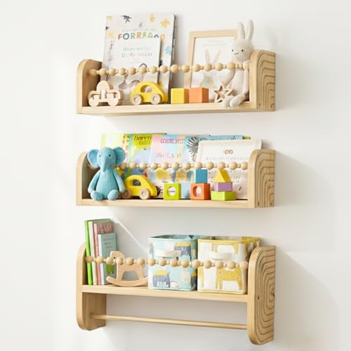 Image of SAG's store Floating Nursery Shelves - Set of 3 Natural Wood Wall-Mounted Bookshelves for Kids Room, Baby Room, Nursery Decor - 15.7" Wide, Solid Wood Shelves for Books, Toys, and Decor Storage