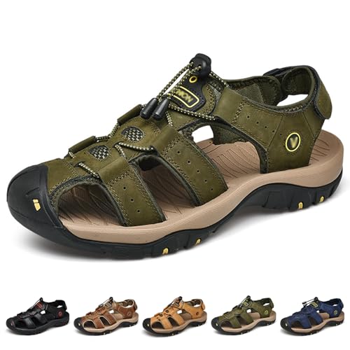 Sandals for Men Leather Lightweight Outdoor Hiking Sandals with Arch Support Athletic Beach Water Shoes for Walking Trekking Camping