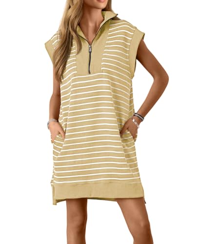 Image of Wenrine Womens Striped Mini Dress Casual Zipper Cap Sleeve Collared V Neck Loose Knit Summer Dresses