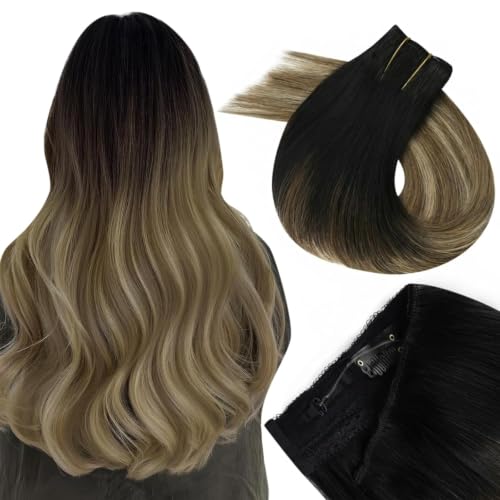 Image of Easyouth Wire Hair Extensions Ombre Black Wire Hair Extensions Real Human Hair Black Ombre Brown with Caramel Blonde Balayage Headband Hair Extension Human Hair Easy to Install 14 Inch 70g