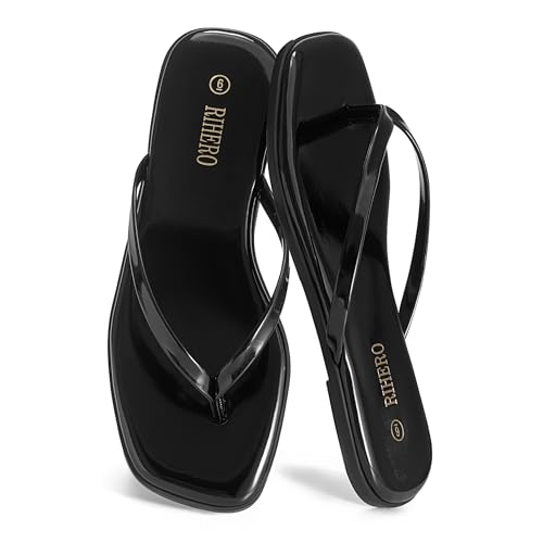 Image of Rihero Flip Flops for Women Comfortable Square Toe Beach Sandals Slip On Leather Thong Flat Sandals Dressy