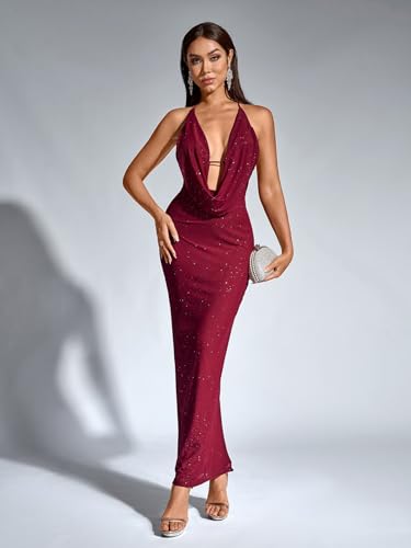 Image of KUTUMAI Women V Neck Long Formal Dress Floral Bodycon Maxi Split Back Dresses Sexy Sequin Evening Cocktail Party Gown