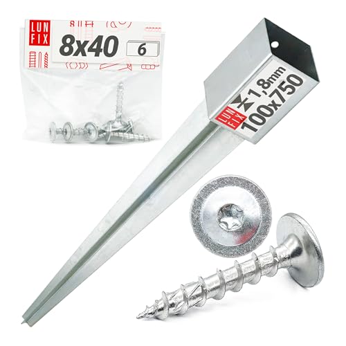 Support de Poteau 100x100mm galvanisé avec 6 vis 8×40 mm, support piquet clôture bois, poteau pour toile ombrage, piquet ancrage sol métal pour jardin, piquet de support, enfoncer stable, ancre