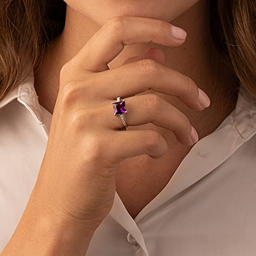 Peora Amethyst And Diamond Designer Solitaire Ring For Women 14K White Gold, Genuine Gemstone Birthstone, 2 Carats Princess Cut 8Mm, Size 9 #TOP1