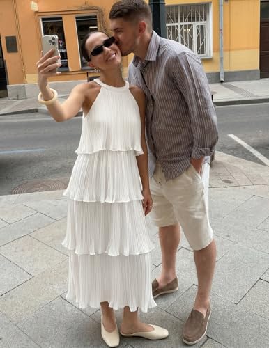 Image of ZESICA Women's 2026 Summer Sleeveless Halter Neck Ruffle Tiered Layered Chiffon Flowy Swing Long Midi Dress