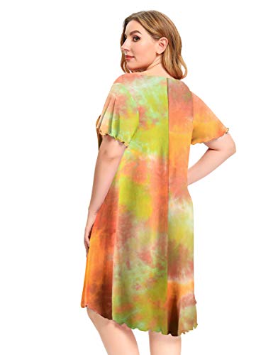 Monnuro Nightshirt Short Sleeve Plus Size Nightgown Ruffle Seams Sleepwear Pajama Dress With Pockets For Women(Tie Dye Orange,1X) #TOP4