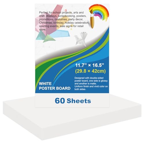 Image of 60 Pcs White Poster Board Paper 11.7 x 16.5, ROOKEA White Vision Boards Bulk Smart Posterboard Blank Graphic Display Card Paper for Drawing Artwork School Arts Crafts Classroom Projects Scrapbooking
