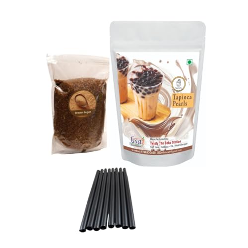Twisty The Boba Station® Tapioca Pearls Kit For Bubble Tea | Topping Boba For Milkshakes, Ice Cream And Yogurt | 1 Kg Topioca Pearls Including 250 Gms Brown Sugar For Caramelization And 10 Straws (12mm)