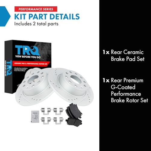 Image of TRQ Performance Rear Brake Pad and Rotor Set Ceramic Drilled Slotted G Coated Rotors Compatible with 2010 Volkswagen Golf 2011 2017 GTI