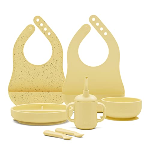 Image of Lalo First Bites Silicone Baby Feeding Set - Baby Led Weaning Supplies - Non-Toxic Silicone - Includes 1 Bib, 2 Spoons, Training Cup, Suction Plate and Bowl - 6 Pieces - Popcorn