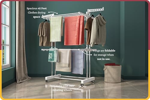 Image of Amiraj Premium Stainless Steel Clothes Drying Stand | 2 Tier 2 Pole Foldable Laundry Rack with Wheels & Sock Holder | Heavy Duty Indoor & Outdoor Cloth Dryer for Balcony, Terrace & Home - White