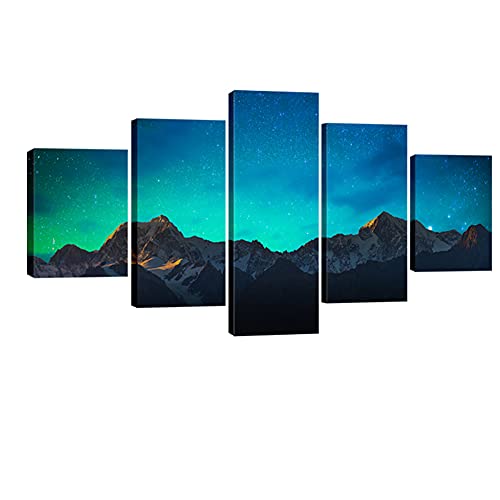 Wieco Art Canvas Wall Art Mount Cook and Lake Matheson New Zealand with Milky Way Modern 5 Piece Canvas Artwork Starry Night Pictures for Bedroom Kitchen Living Room Wall Decor Home Decorations