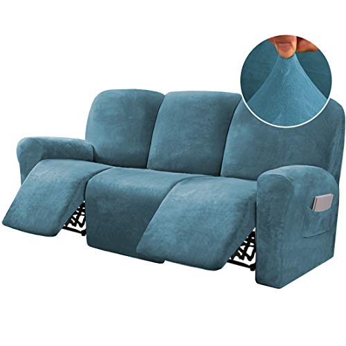 Lot de 8 housses de canapé inclinables en velours extensible pour canapé à 3 coussins housses de canapé housses de meubles forme ajustée style personnalisé épais, doux et lavable, bleu paon Cover