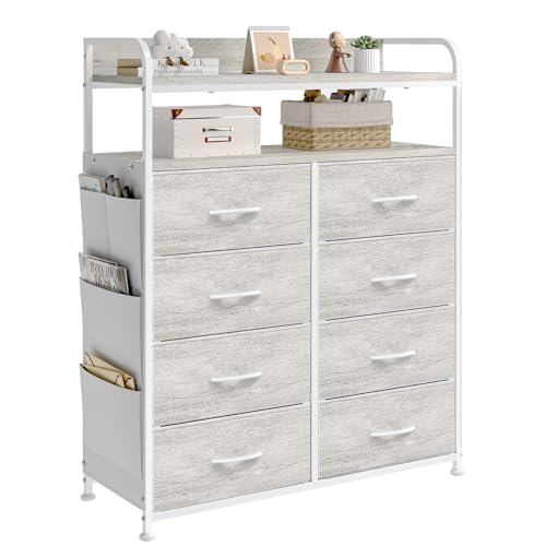 Mintnook Commode Chambre, Meuble de Rangement, Commode avec Poches latérales, 8 Tiroirs Meuble Rangement, Meuble Chambre, Cadre en Métal, Chêne Blanc