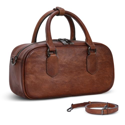 HESHE Barrel Bag Small Top Handle Bags Leather Purses for Women Boston Satchel Tote Handbags with Crossbody Strap